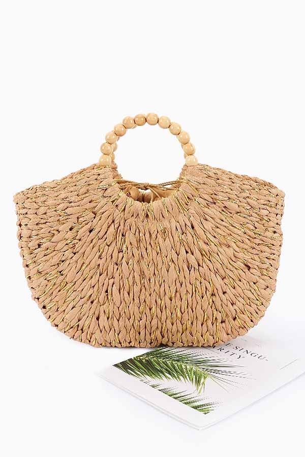 Handmade Faux Straw Wood Beads Handle Tote Bag