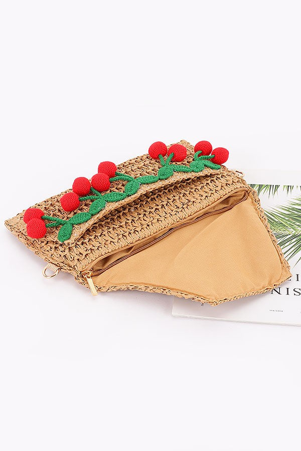 Faux Straw Cherry Clutch