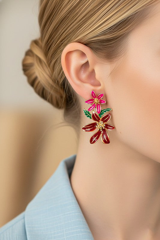 2 Tone Red Enamel Flower Earrings