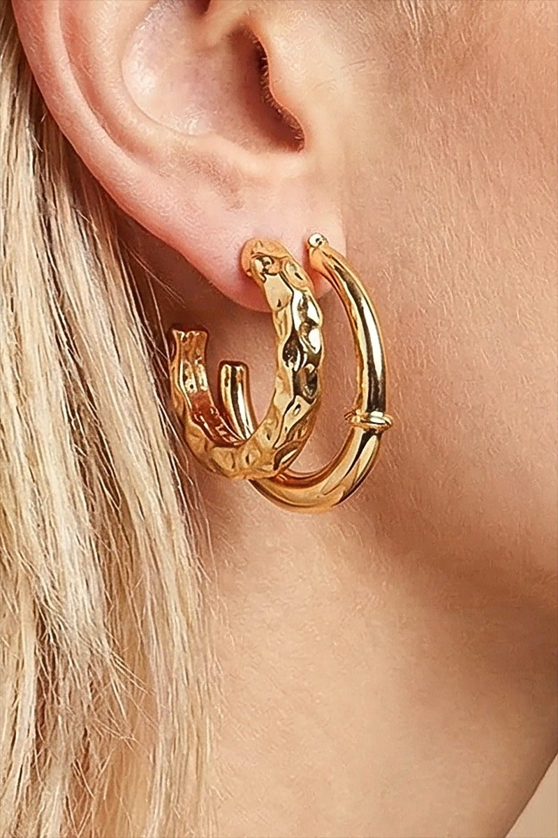 2 Pair Of Medium Texture Gold Hoop Earrings Set