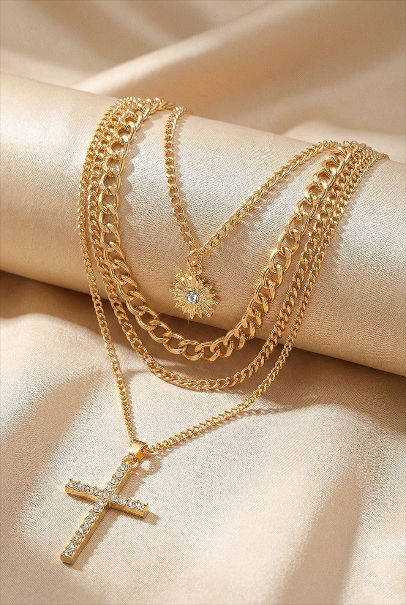 Layered Gold Cross & Sun Charm Necklace