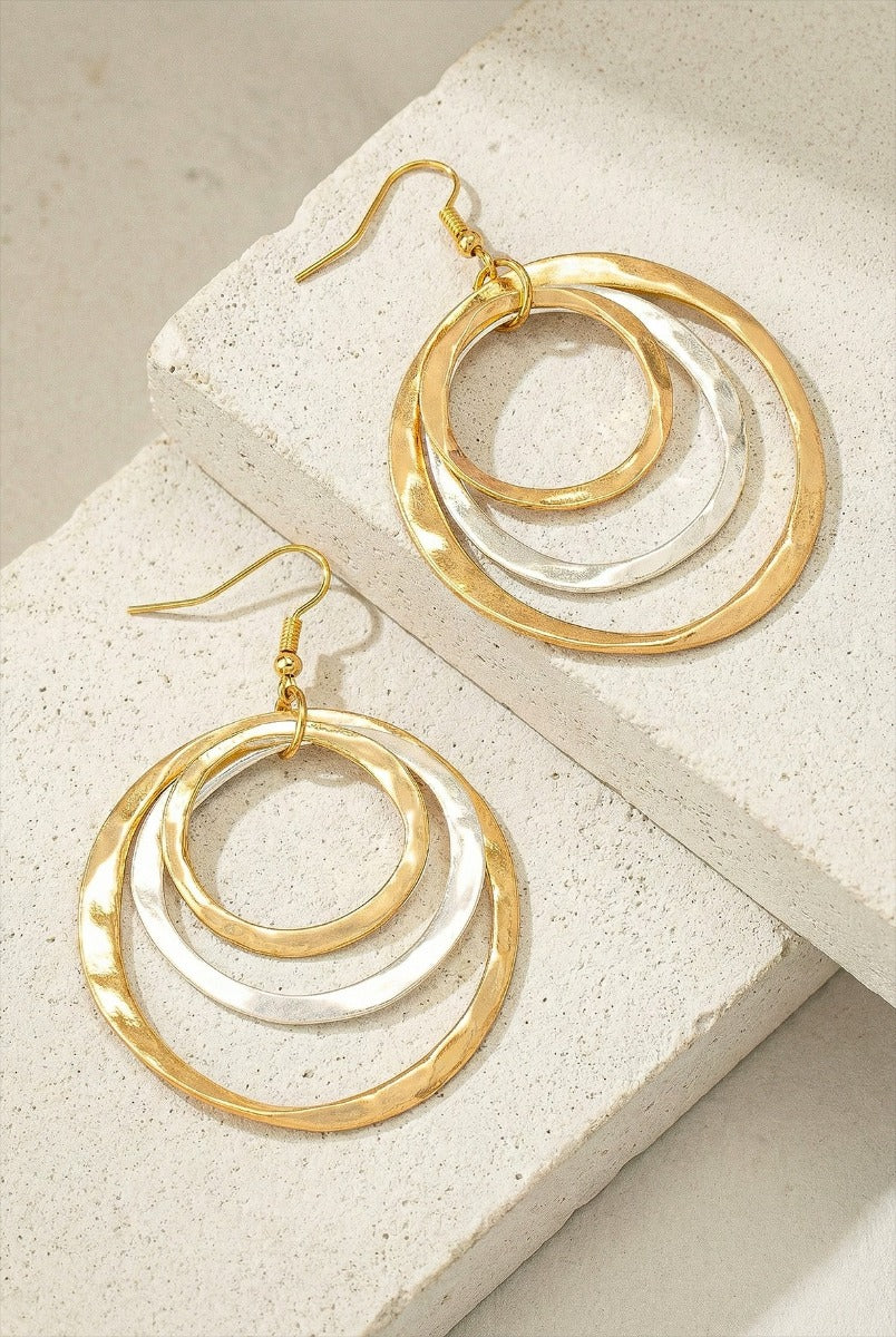 Three Hammered Hoops Two Tone Earrings