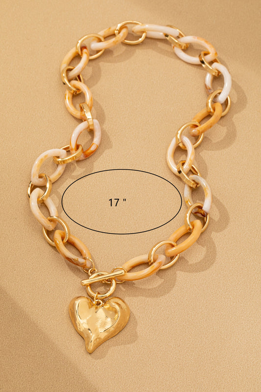 Chunky Marble Acrylic Chain Necklace Hammered Heart Pendant