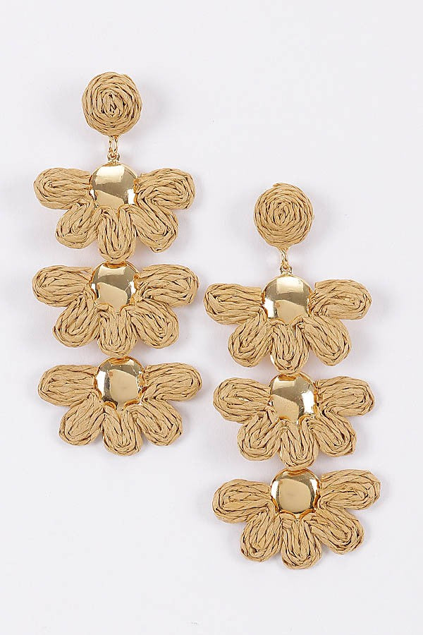 Layered Raffia Flower Drop Earrings