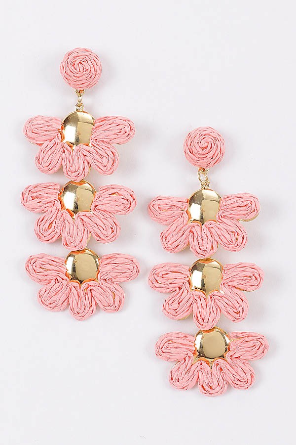 Layered Raffia Flower Drop Earrings