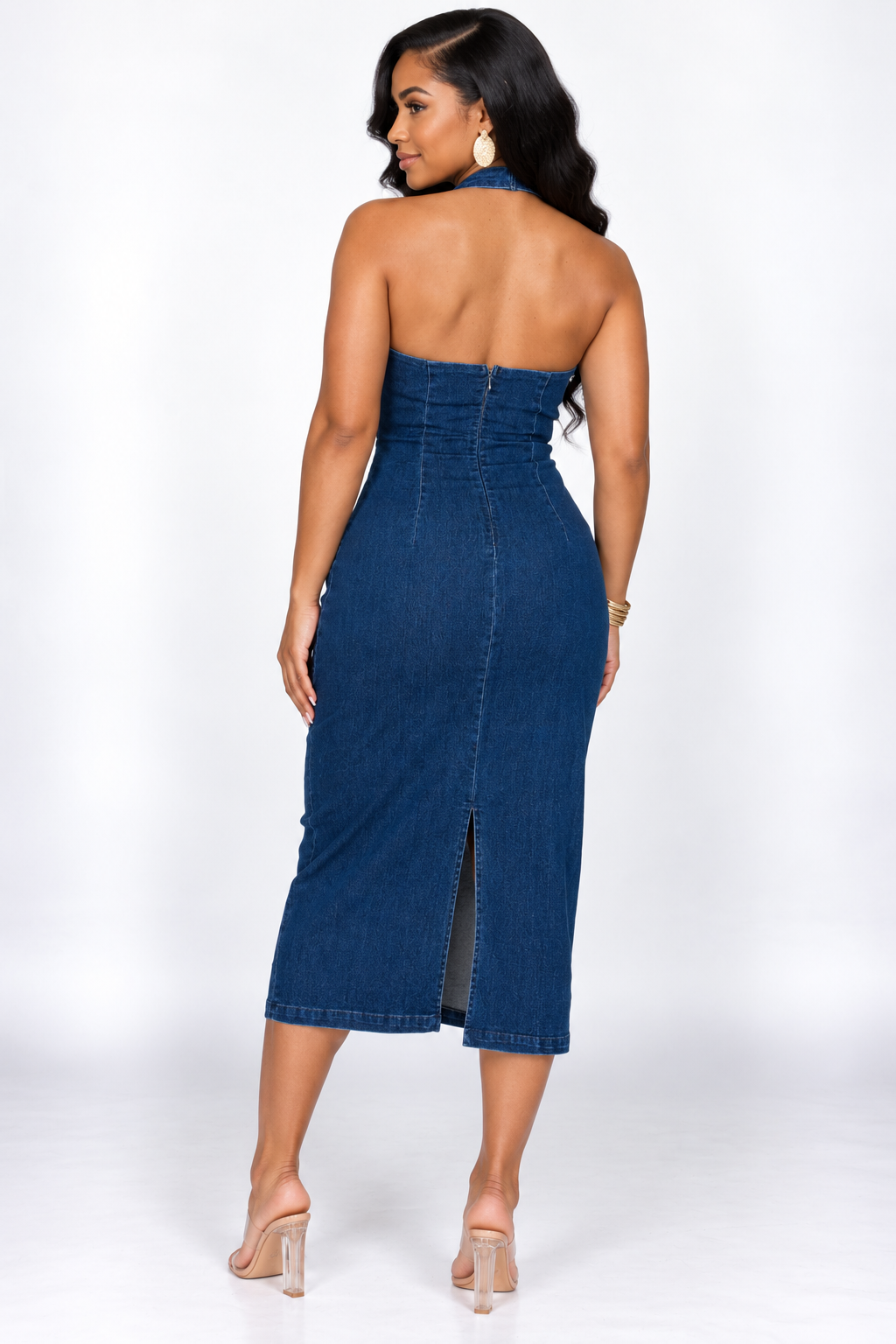 DENIM MUSE HALTER MIDI DRESS