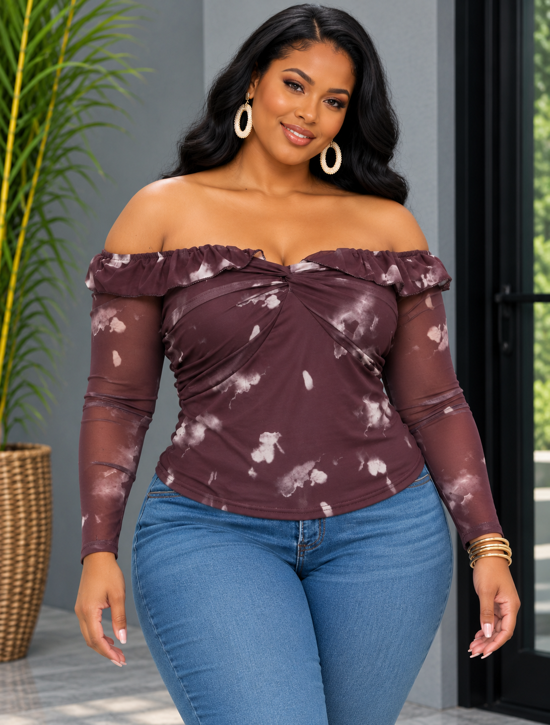 EFFORTLESS OFF SHOULDER MESH TOP PLUS