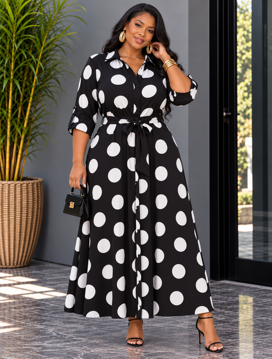 MEET ME THERE POLKA DOT MIDI SHIRT DRESS PLUS