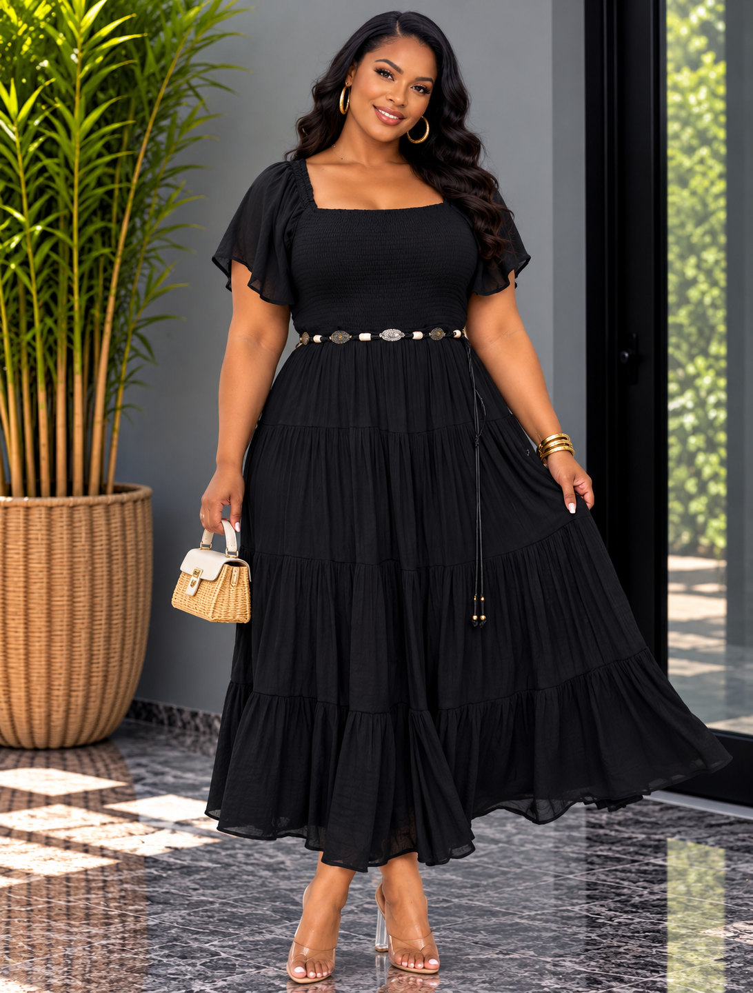 MOVE WITH GRACE FLUTTER SLEEVE MAXI DRESS PLUS
