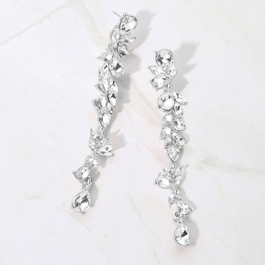 Teardrop Marquise Embellished Dropdown Earrings Silver GRAND BAZAAR