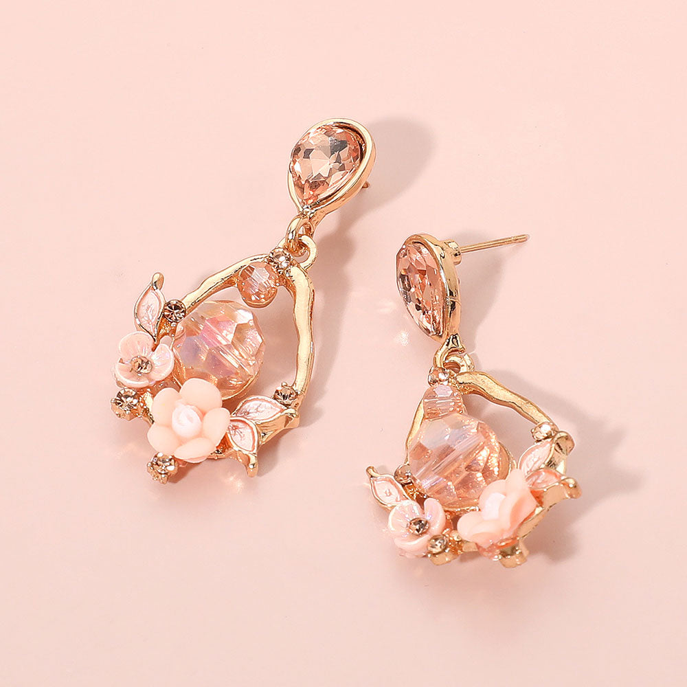 Floral Faceted Gem Embellished Dangle Earrings Pink