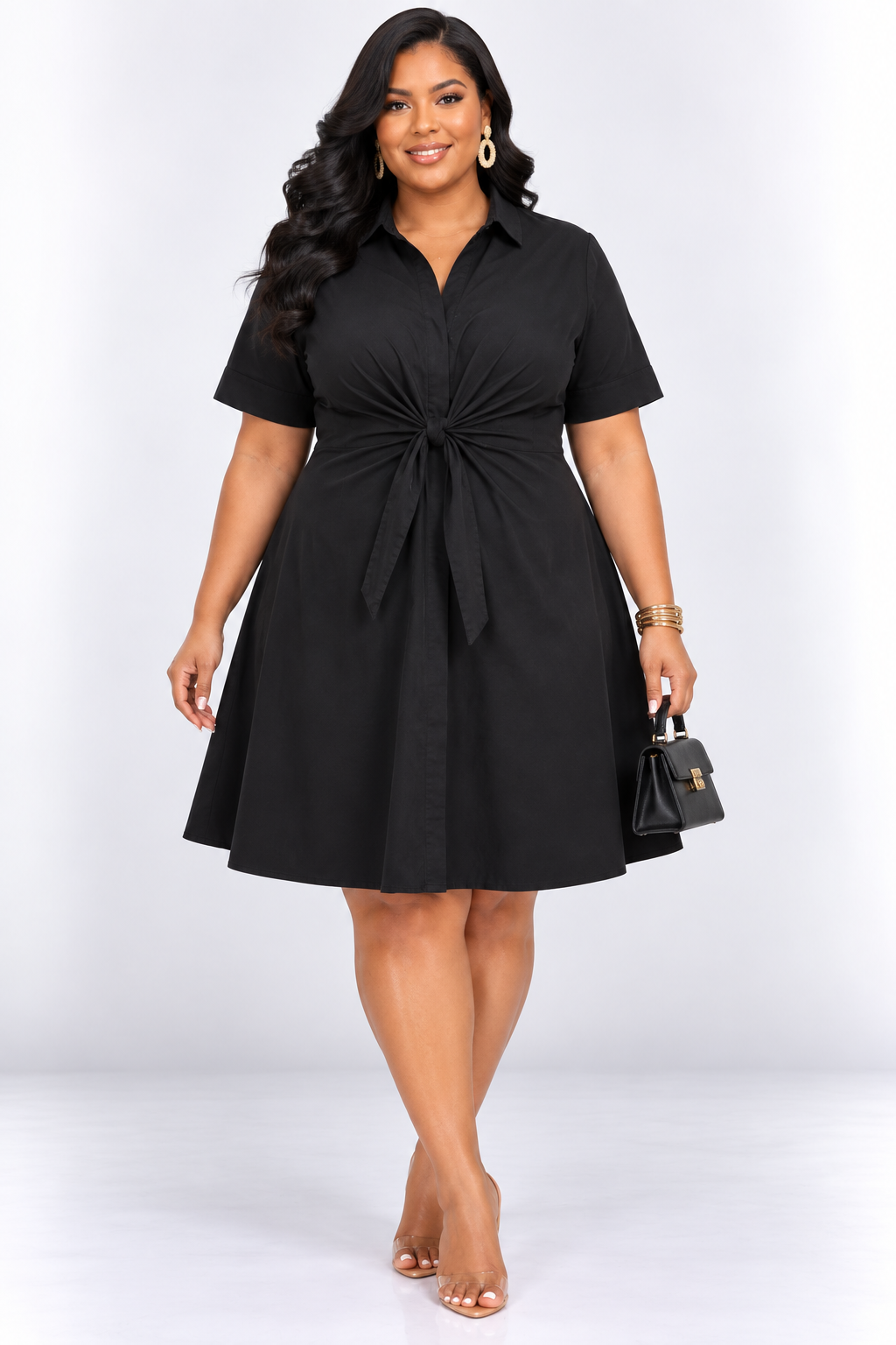 ANGELA TIE FRONT FLARE SHIRT DRESS PLUS