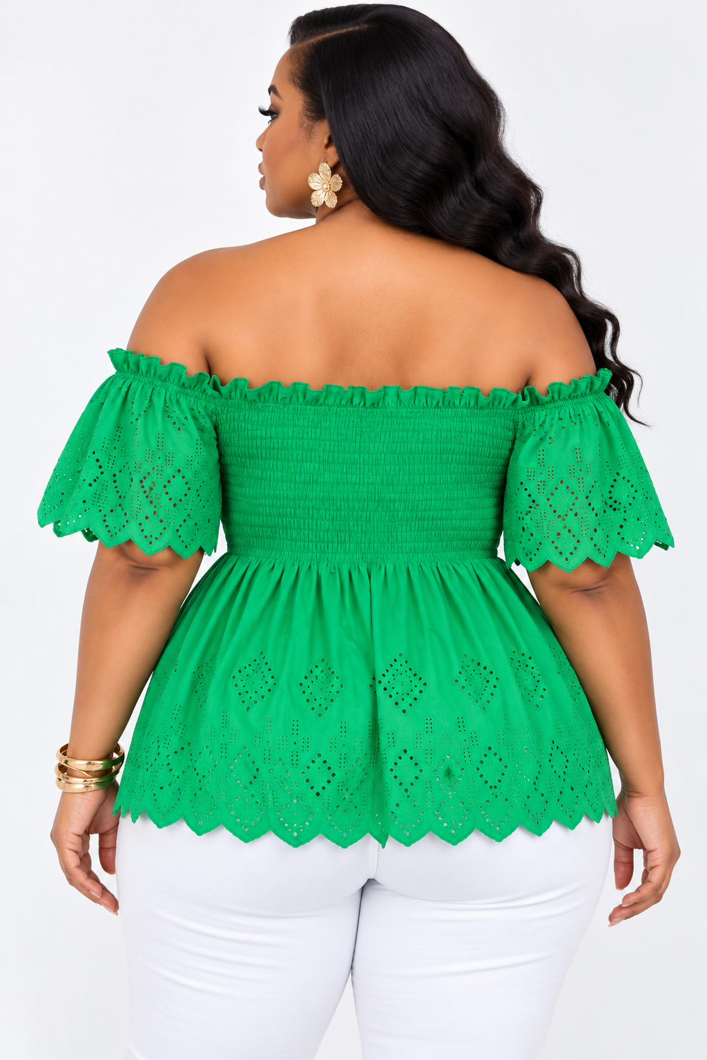 EYELET PEPLUM OFF SHOULDER TOP PLUS
