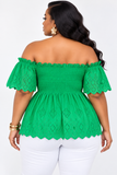 EYELET PEPLUM OFF SHOULDER TOP PLUS