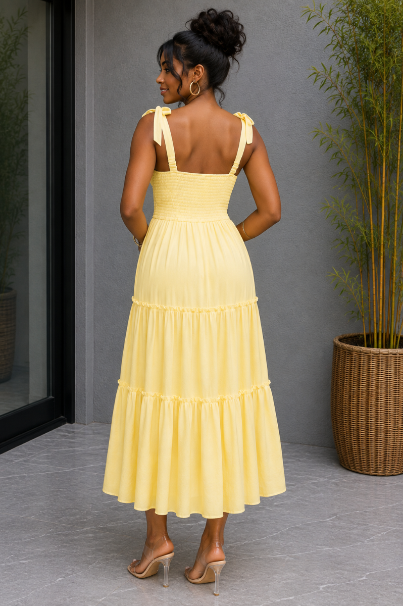 TATUM TIERED TIE STRAP MIDI DRESS
