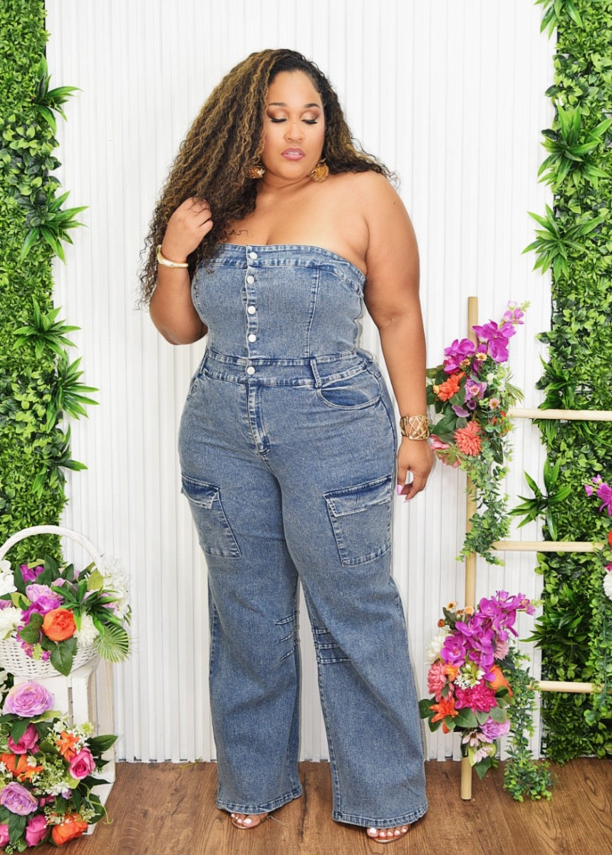SHE'S A CLASSIC DENIM JUMPSUIT PLUS