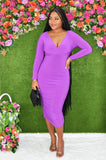 SHE'S SASSY RUCHED MIDI DRESS GRAND BAZAAR