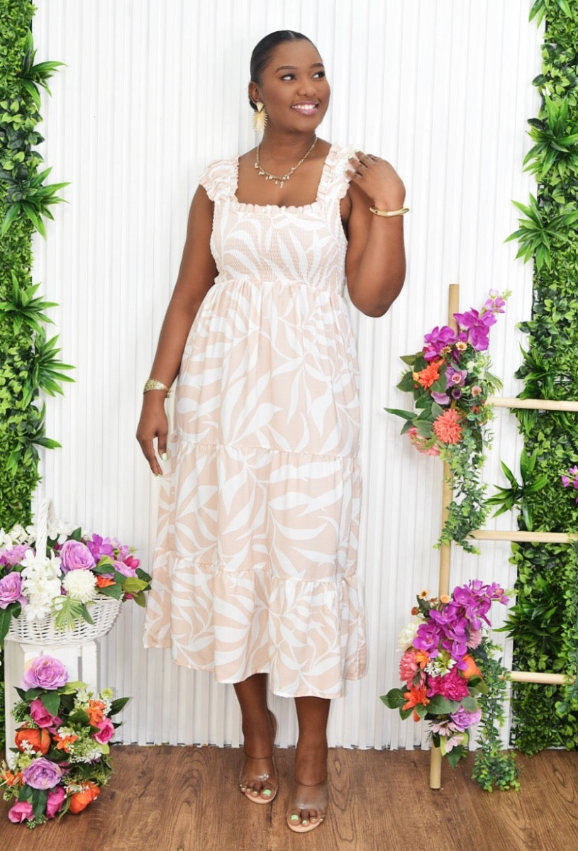 MADISON LEAF PRINT TIERED MIDI DRESS