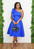TIMELESS ERA FLARED ONE SHOULDER MIDI DRESS