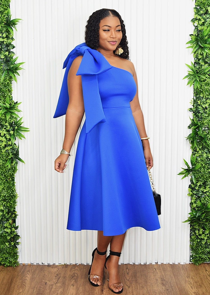 TIMELESS ERA FLARED ONE SHOULDER MIDI DRESS