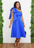 TIMELESS ERA FLARED ONE SHOULDER MIDI DRESS