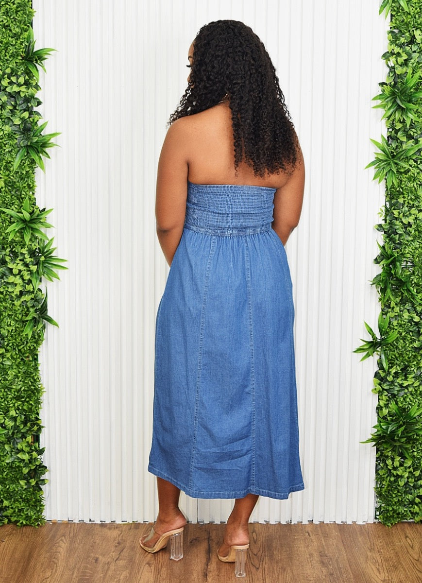 DENIM DARLING TUBE MIDI DRESS