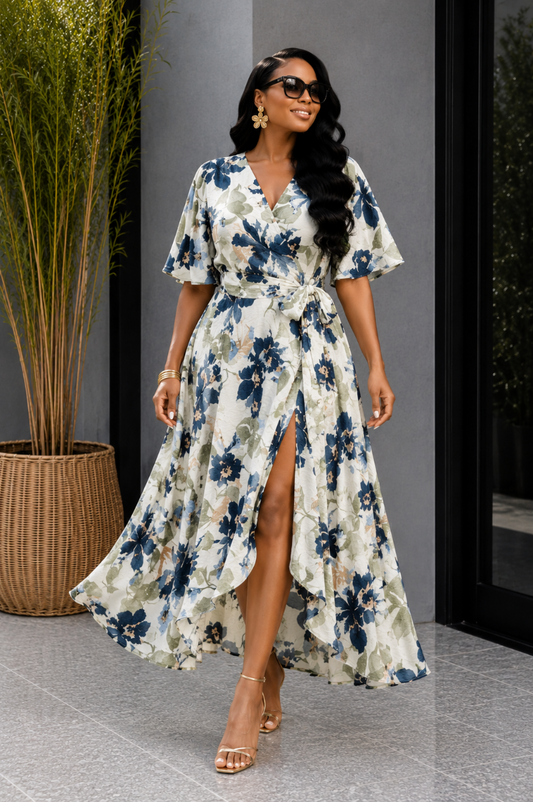 JOANNA FLORAL WRAP MIDI DRESS