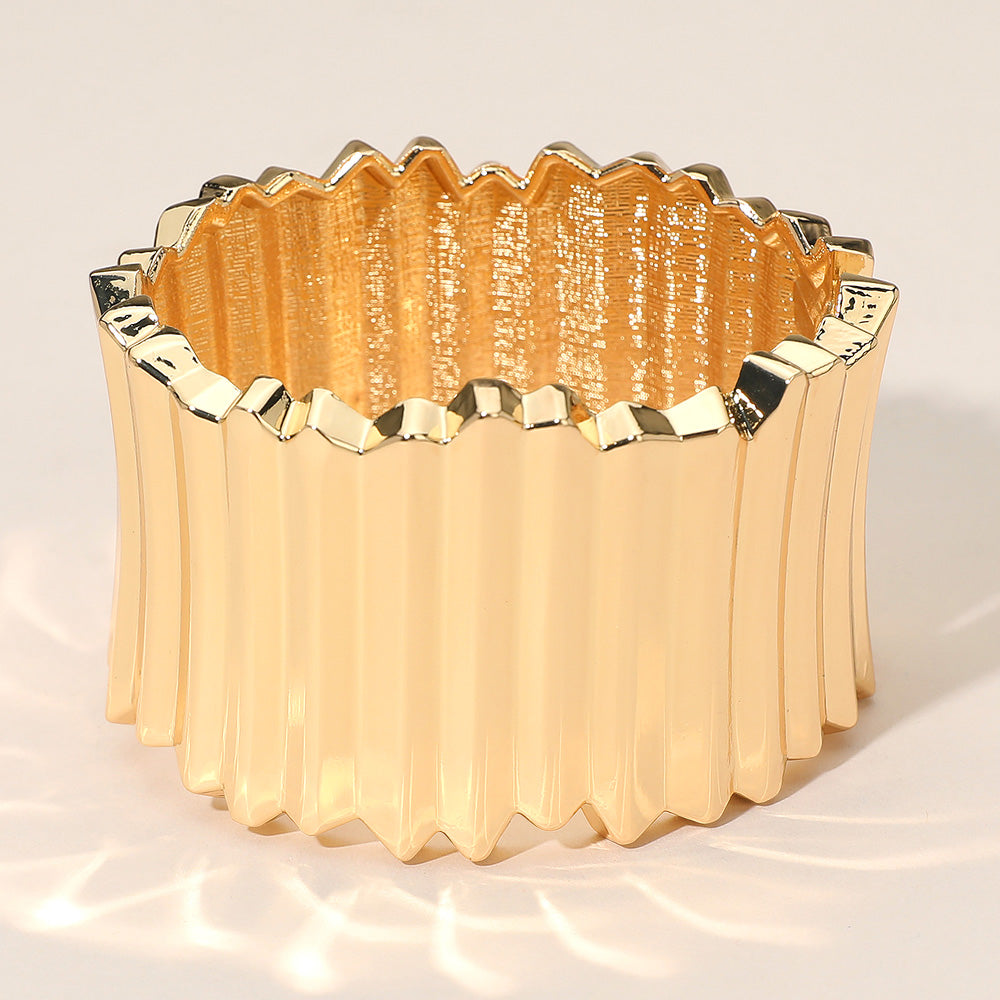 Wide Pleated Metal Hinged Bangle Bracelet