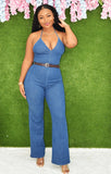 NO CHILL HALTER DENIM JUMPSUIT