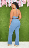 NO CHILL HALTER DENIM JUMPSUIT