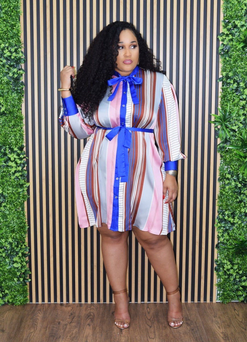 FRIDAY FEELS STRIPE SATIN DRESS PLUS