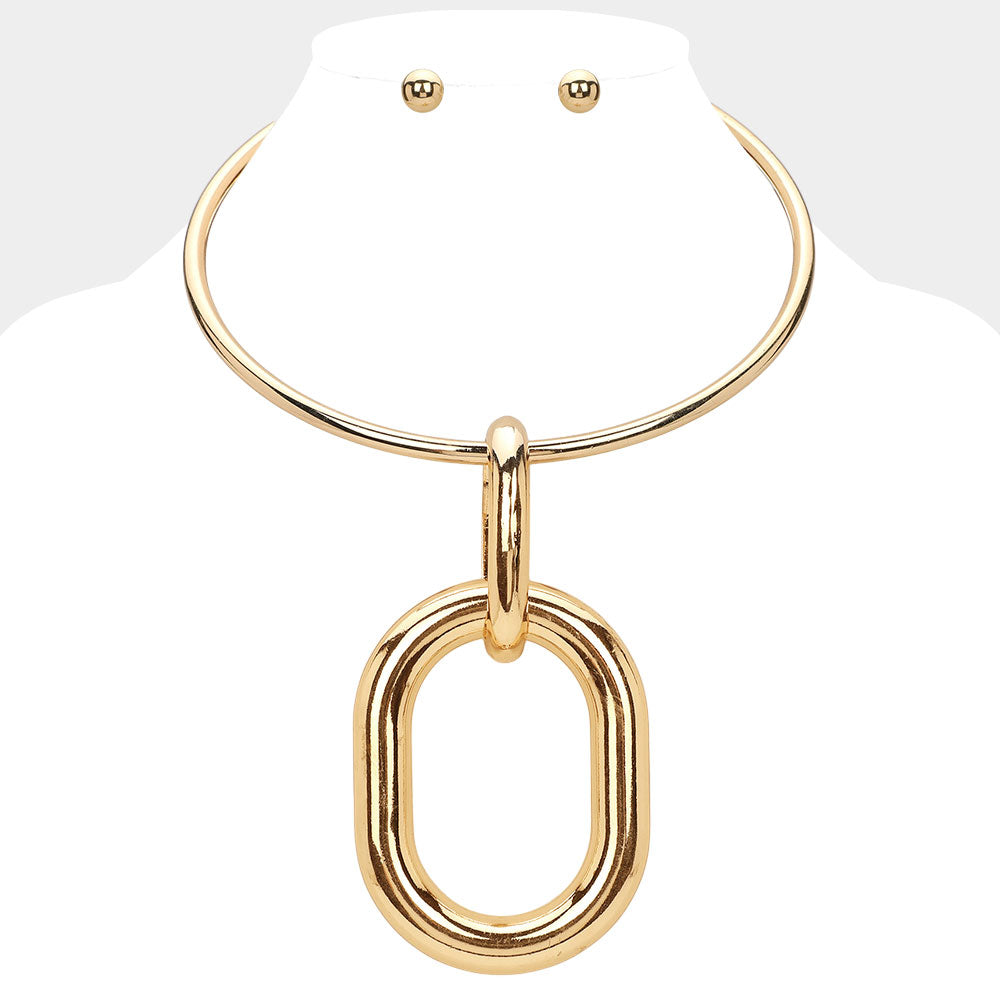 Oversized Metal Open Oval Accented Statement Necklace GB