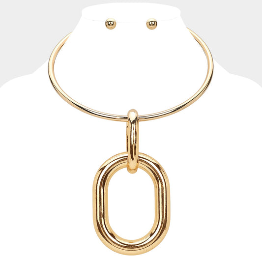 Oversized Metal Open Oval Accented Statement Necklace GB