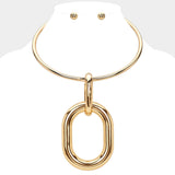 Oversized Metal Open Oval Accented Statement Necklace GB