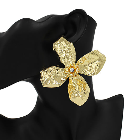 Oversized Stone Pointed Hammered Metal Flower Earrings