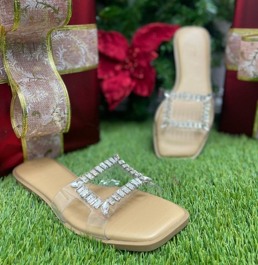 RHINESTONE CLEAR STRAP FLAT SLIDE SANDALS