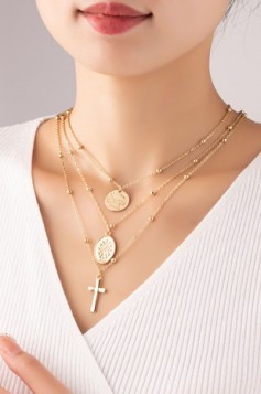 Three row necklace w/coins and cross pendants