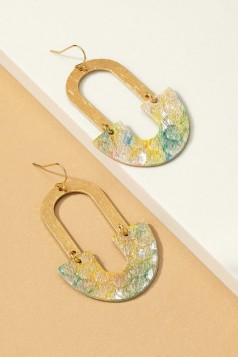Brushed metal pastel leather arch drop earrings
