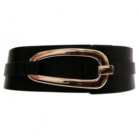 Faux Leather Metal Oval Buckle Wide Belt BLACK