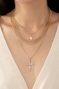 Layered Gold Cross & Sun Charm Necklace