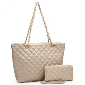 2IN1 QUILTED SHOPPER BAG WITH MATCHING WALLET CHAMPAGNE