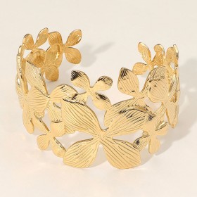 Stainless Steel Textured Floral Openwork Cuff Bracelet