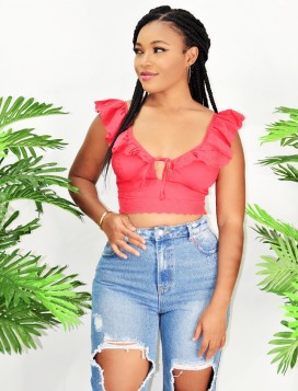 CUTIE EMBROIDED TIE FRONT CROP TOP