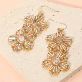 Double Flower Faceted Beaded Link Drop Dangle Earrings