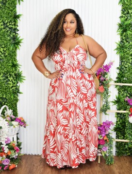 WILLOW LEAF PRINT HALTER MAXI DRESS PLUS