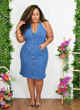 DENIM FEVER HALTER DRESS PLUS