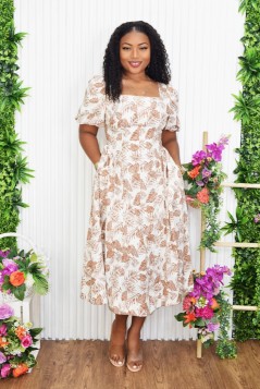 CHRISTINA LEAF PRINT PUFF SLEEVE MIDI DRESS