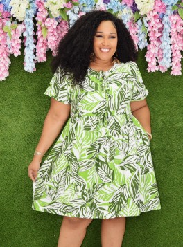 PRETTY IN BOWS PALM PRINT DRESS PLUS GRAND BAZAAR