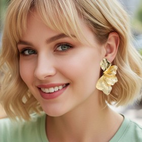 Textured Metal Leaf Petal Drop Statement Earrings GRAND BAZAAR