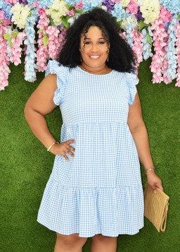 STACY CHECKERED FLUTTER SLEEVE DRESS PLUS GRAND BAZAAR